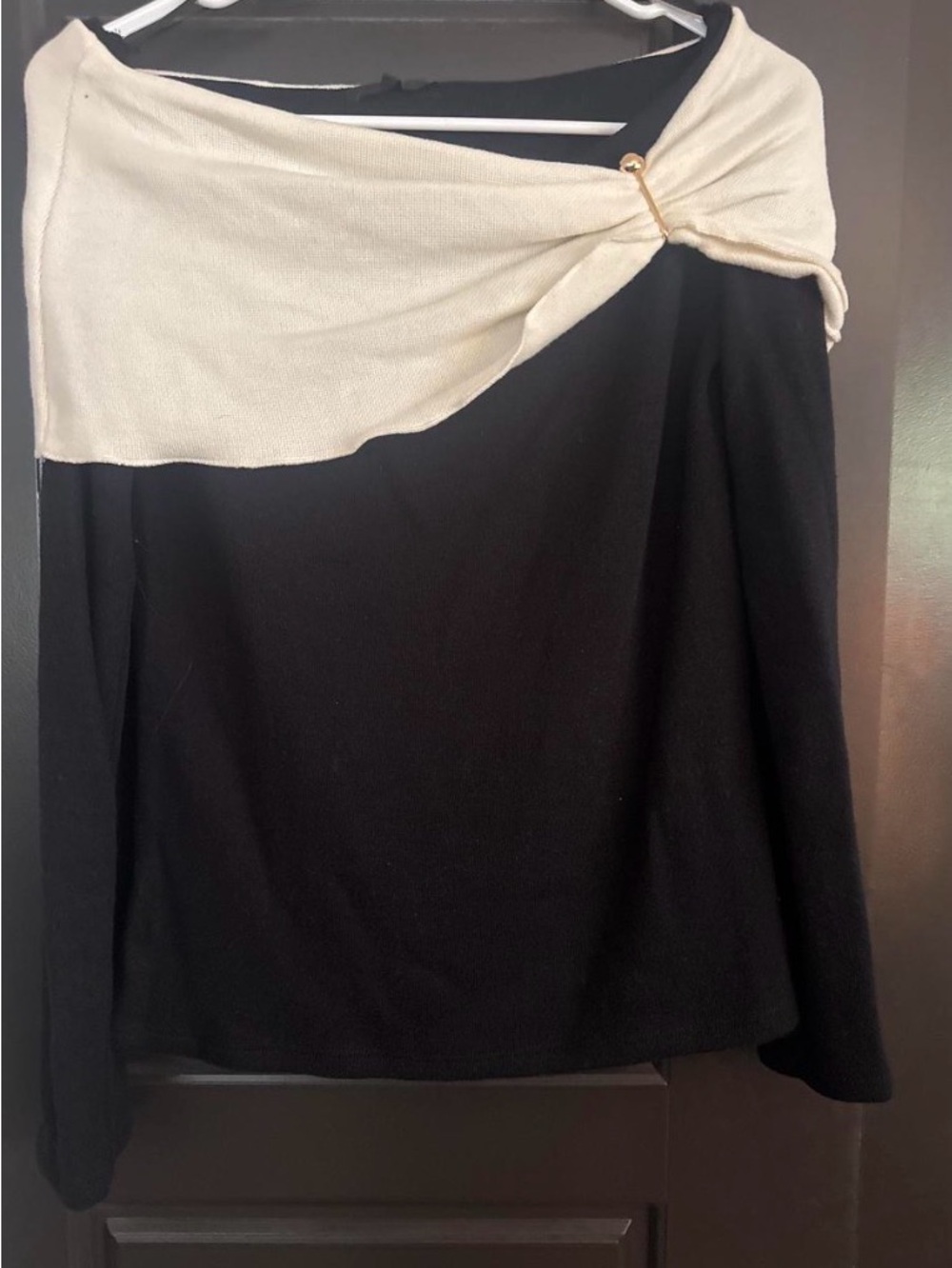 Black and Cream Asymmetric Draped Women's Sweater